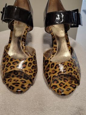 Sofft Leopard Print Open-Toe Heels with Black Ankle Strap